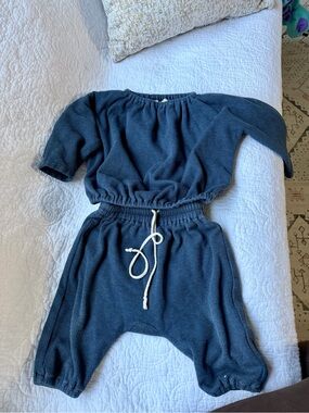 Kids Navy Blue Waffle-Knit Romper with Drawstring Waist